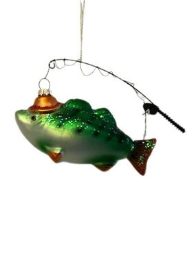 Glass Green Bass Fish Ornament with Fishing Rod